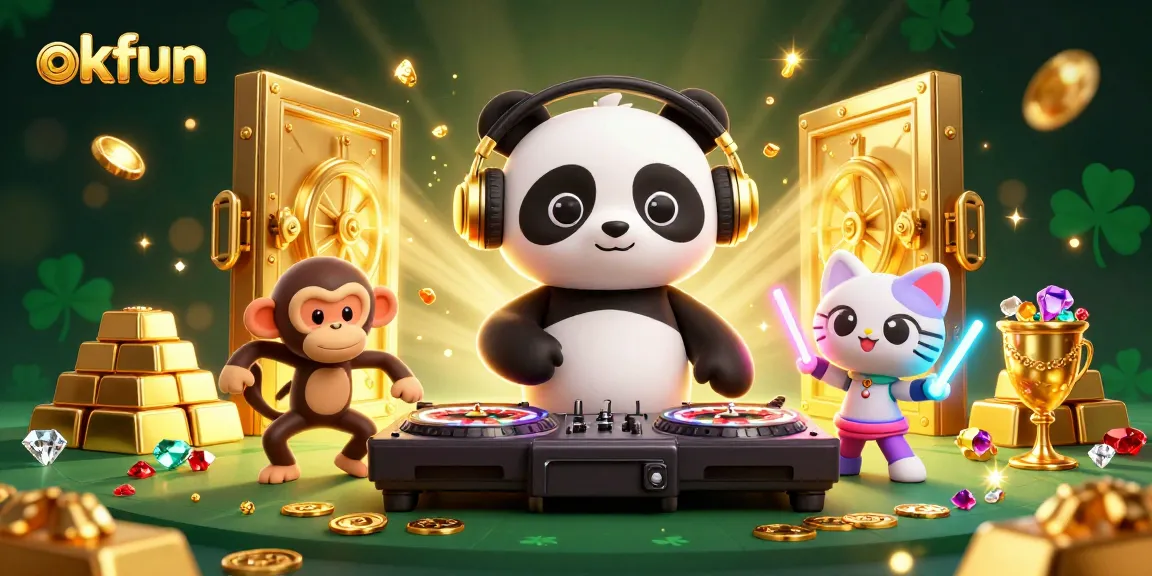 Engage with okfun's vibrant casino scene featuring a DJ panda, dancing monkey, and glowing kitten amidst treasure.