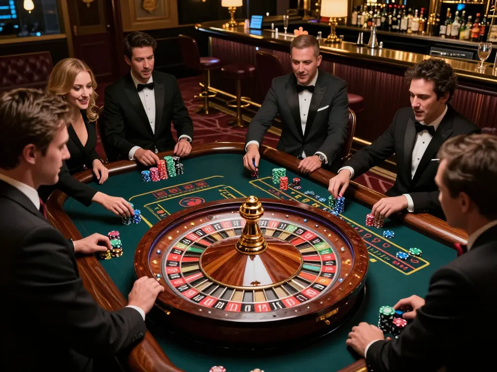 DABET players placing bets at a vibrant roulette table in a luxurious casino setting.