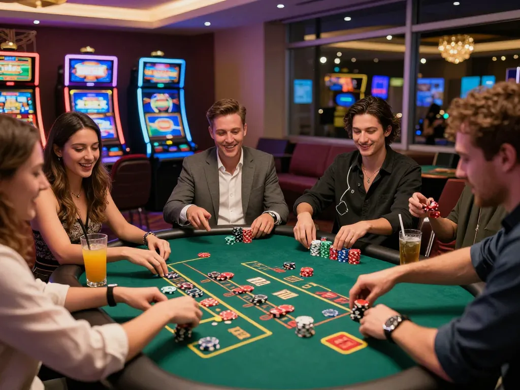Exciting gambling scene at mb66 trang chủ casino with friends at blackjack table.