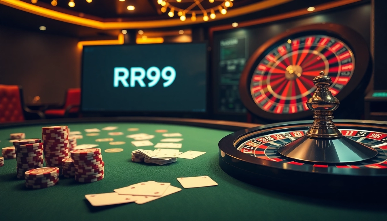 Place bets at RR99 casino featuring vibrant poker chips and a lively roulette wheel.