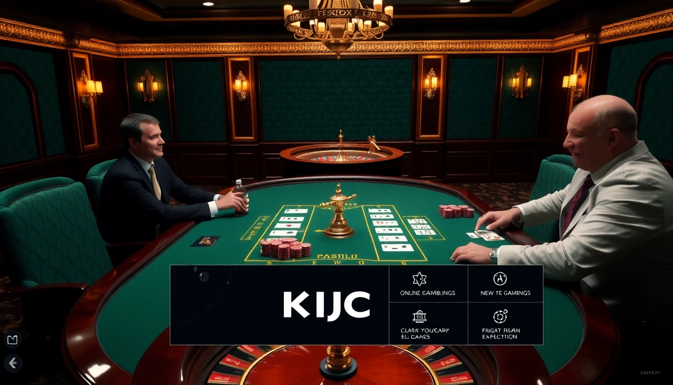 KJC branding enhances a luxurious poker scene with engaged players, poker chips, and a roulette wheel.