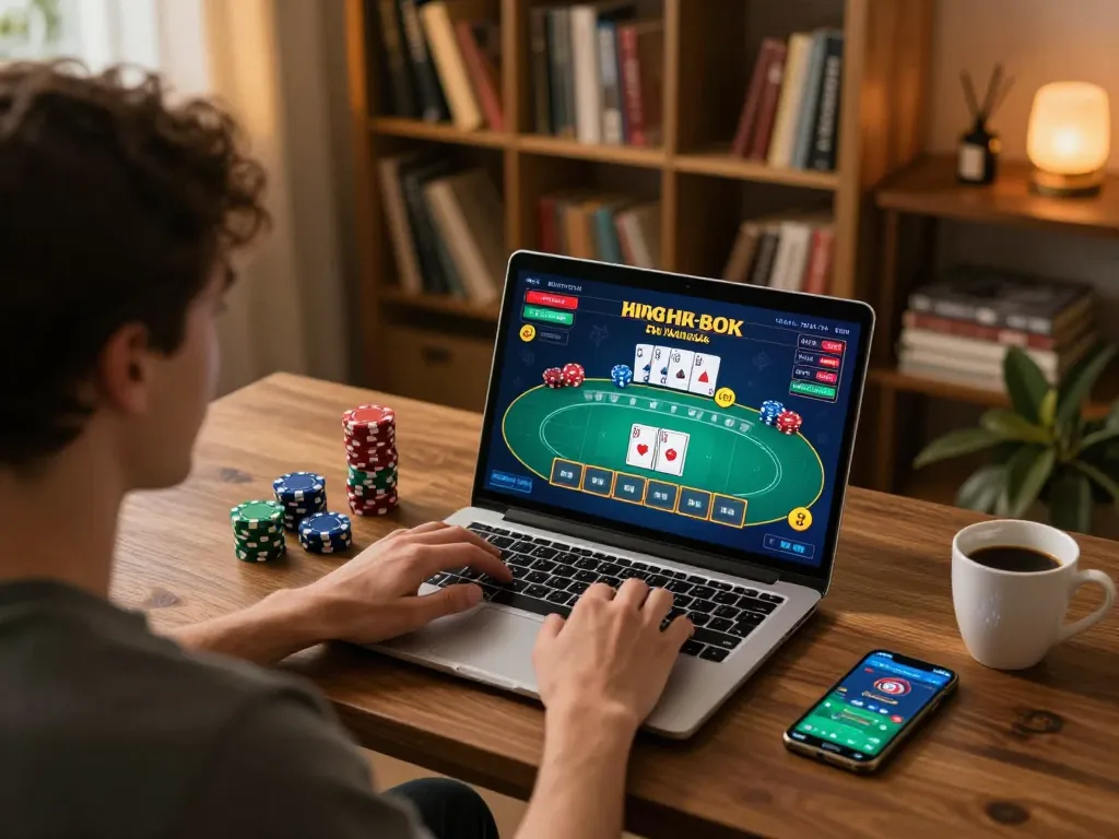 Player enjoying an online casino game on 79kingt1, featuring poker cards and chips on screen.