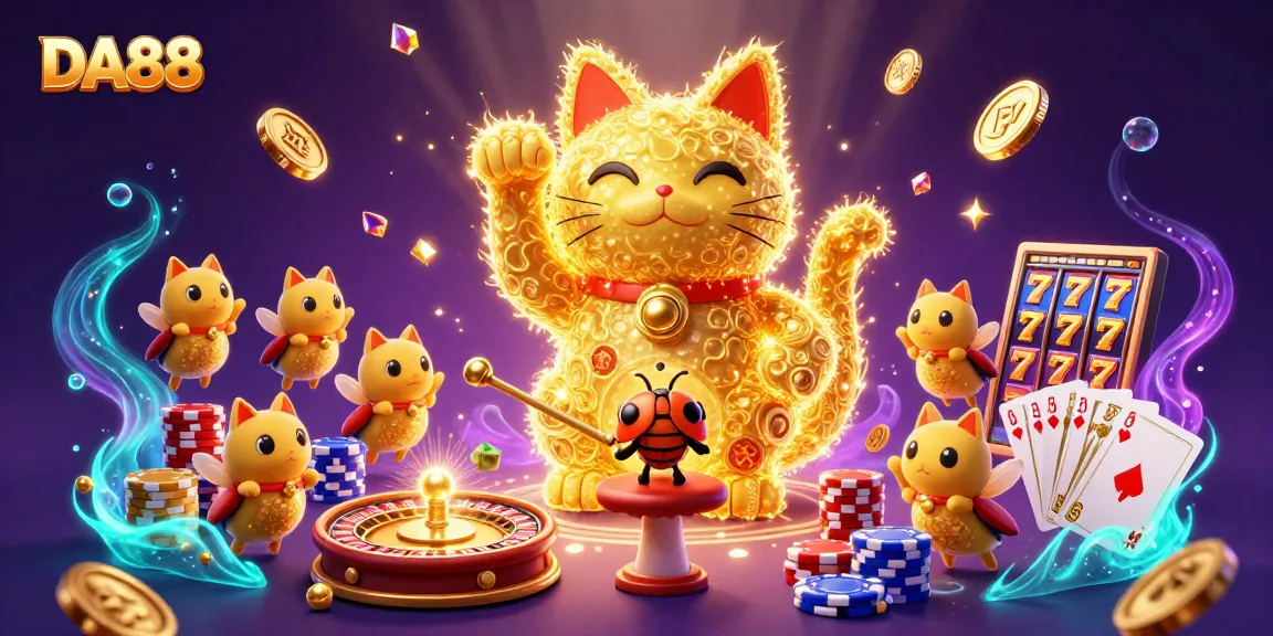 Experience DA88's thrilling casino excitement with a golden lucky cat and dazzling games.