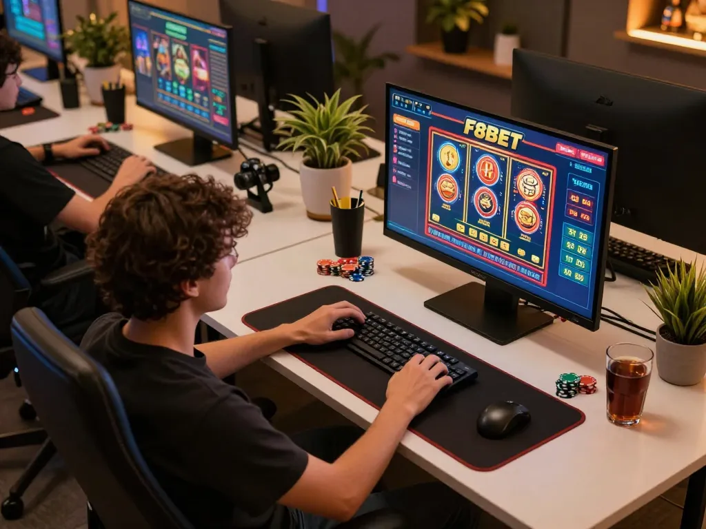 Engaged player enjoying online casino games at F8BET from a modern home setup
