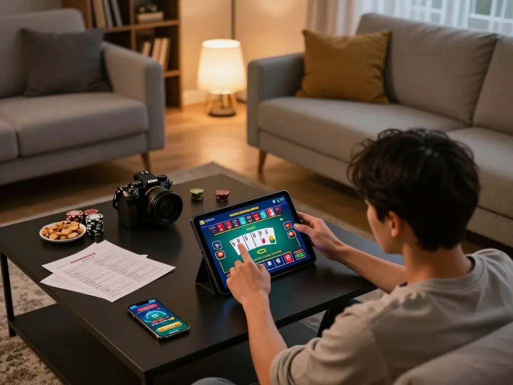 Player engaged in online casino gaming on tablet, exploring 78winvina's exciting poker options from a cozy home setup.
