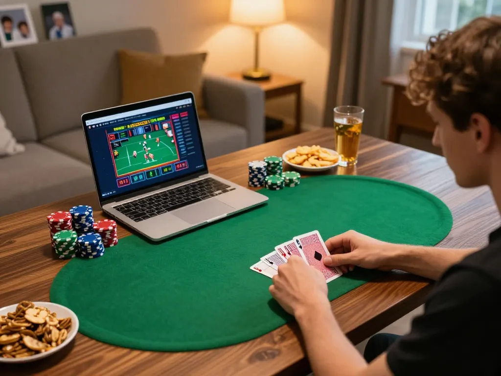 Player at home enjoying an online poker game with KO66 on their laptop, chips and drinks nearby.