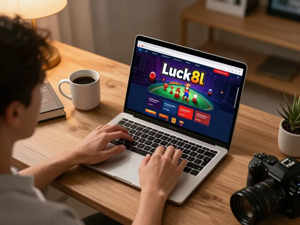 Engaging online gaming session on luck8l platform with stylish home office setup.