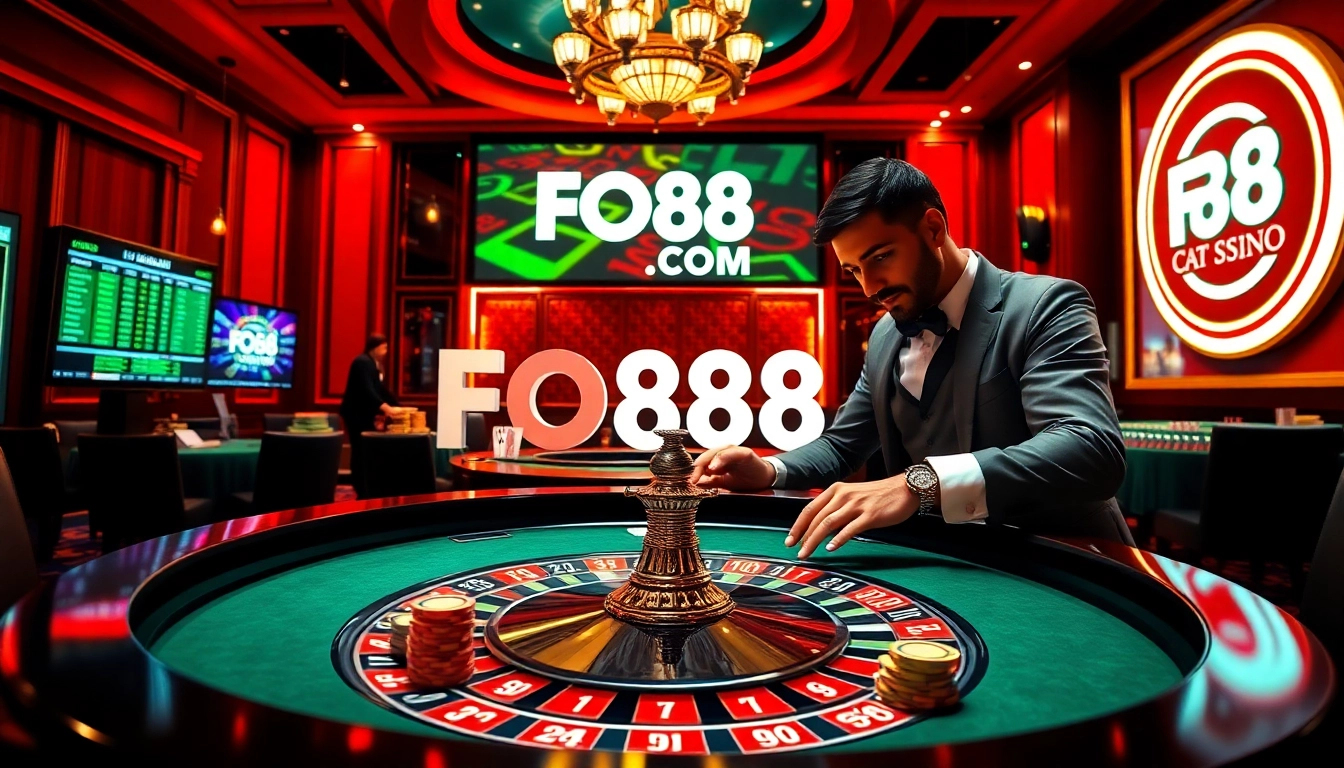 Action-packed gaming at FO88.COM with poker chips and roulette wheel in a vibrant casino setting.