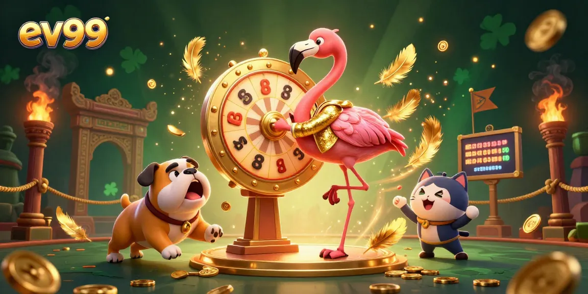 Spin and win with ev99 as a flamboyant flamingo prize host dazzles players in a lively casino.