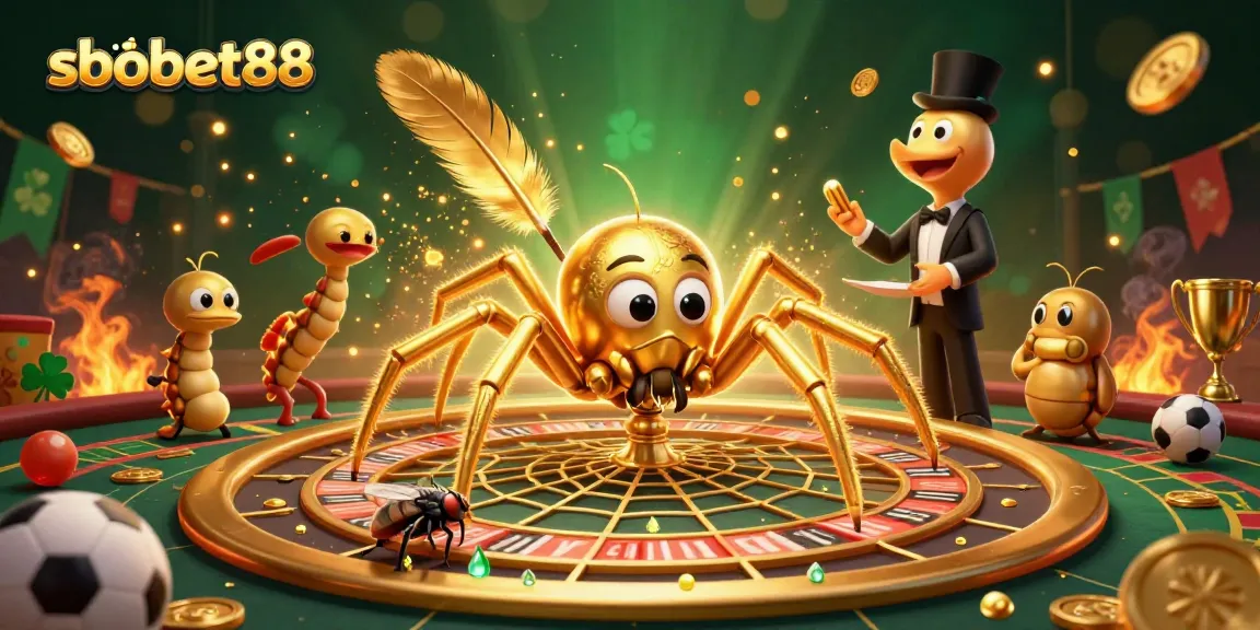 Engage with sbobet88 as a fly places bets in a casino scene with vibrant energy and sports elements.