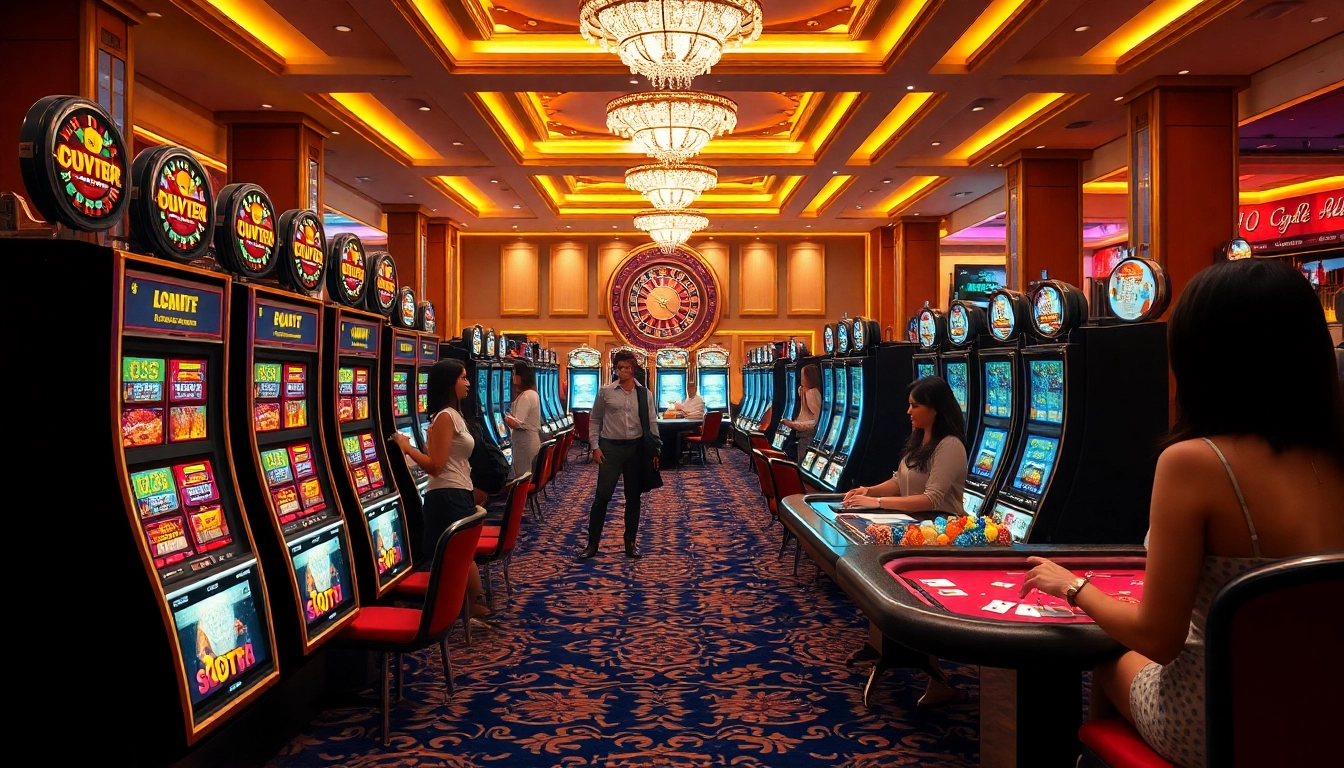 Players enjoying a vibrant slot gacor game experience at an upscale casino, celebrating wins.