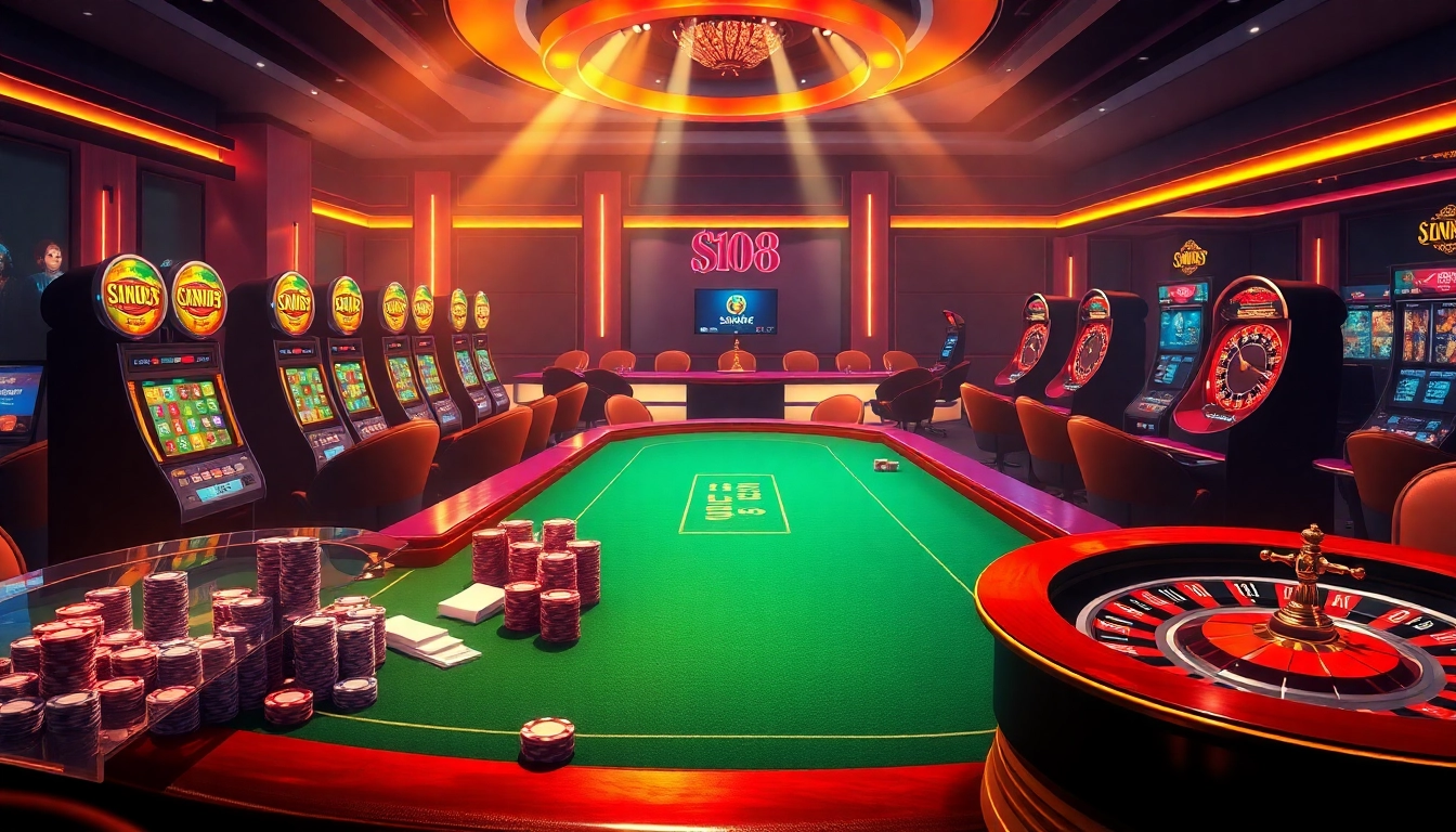 Engaging online casino experience at https://sky88j.design/ featuring luxurious poker tables and vibrant slot machines.