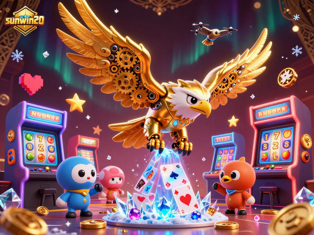 Experience wins with sunwin20 in a vibrant 3D casino-themed illustration packed with engaging elements.