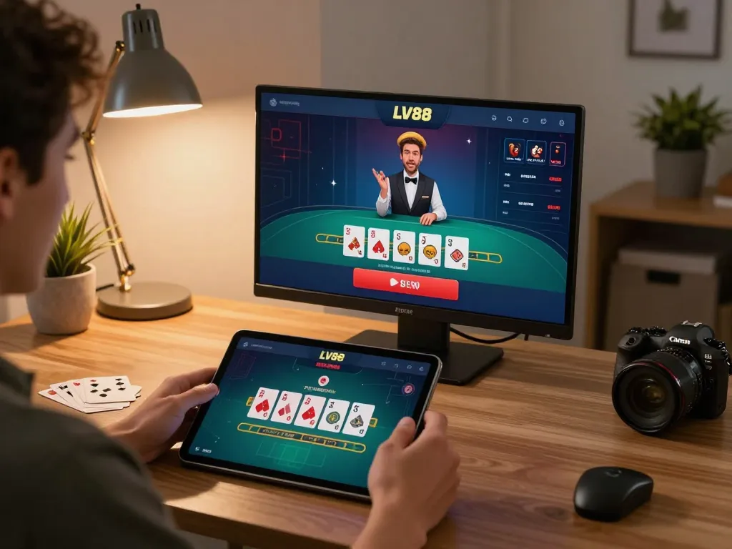 Engaged player using LV88 casino app for live blackjack with a stylish home setup