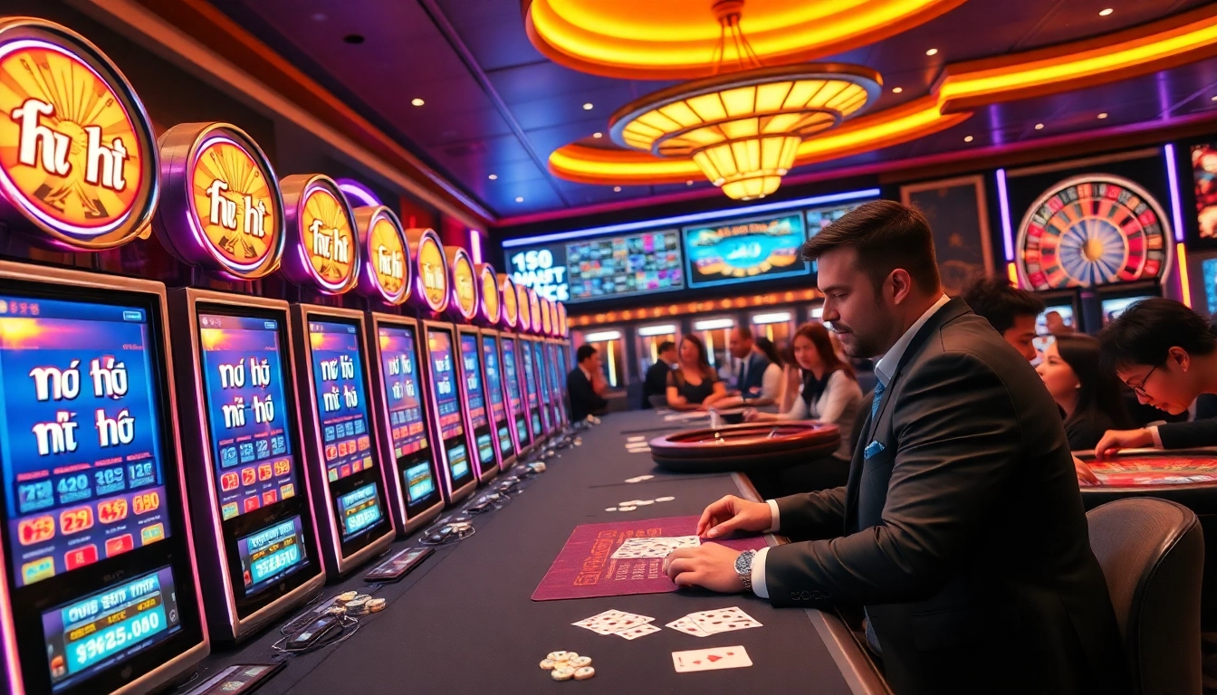A captivating casino scene showcasing vibrant "nổ hũ" slot machines, a high roller placing bets, and classic gambling elements.