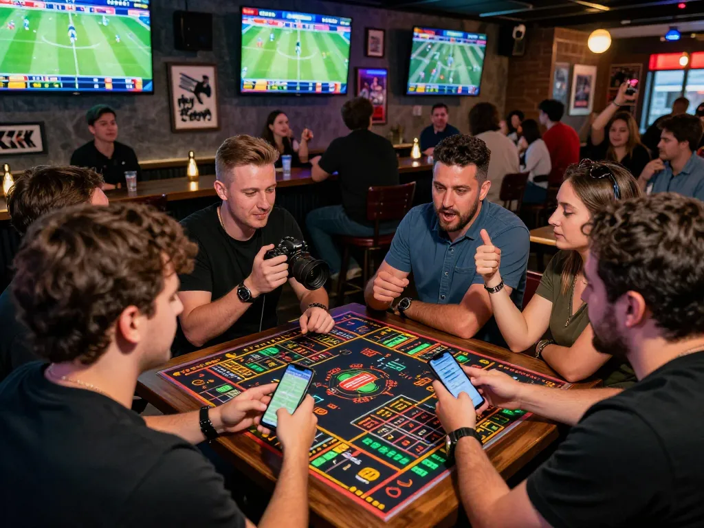 Engaged group using https://www.mnm88.com/ for sports betting at lively bar with screens displaying games.