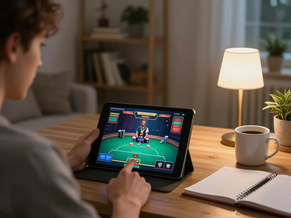 Person can’t login to online casino app, analyzing gameplay strategy on tablet.