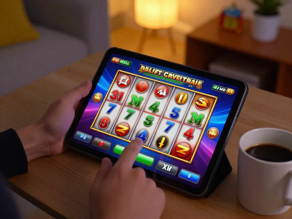 Pemain berinteraksi dengan antarmuka situs slot yang stylish di tablet dalam lingkungan rumah yang nyaman.