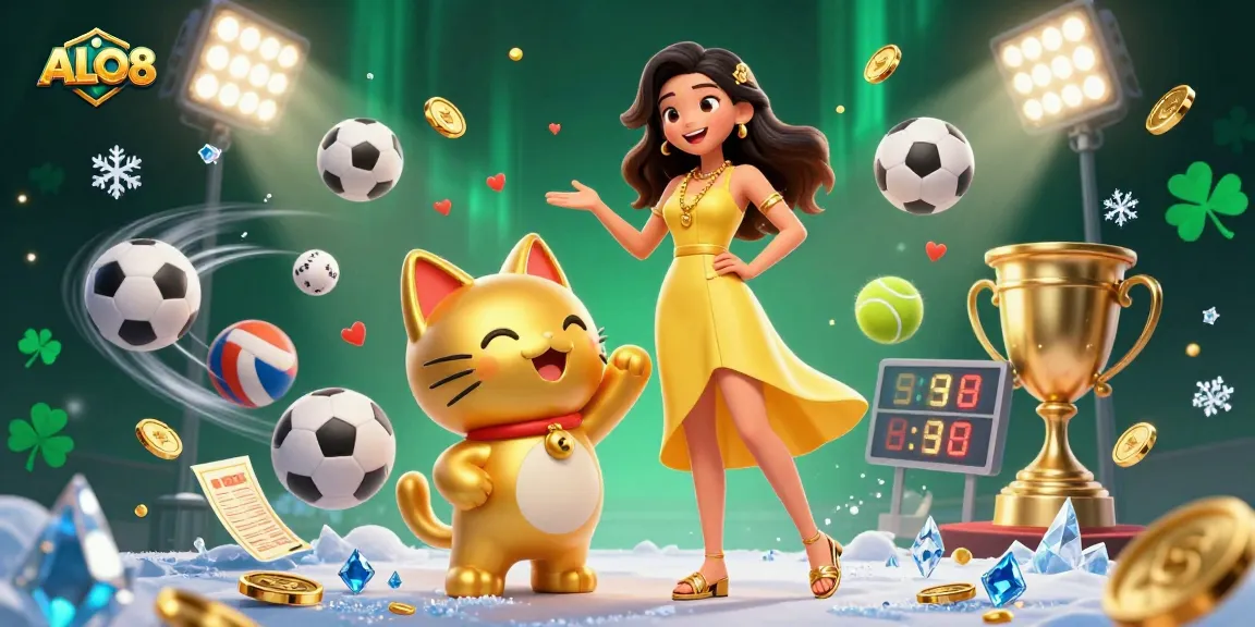 Experience vibrant ALO8 gaming with a cheerful Asian woman and a golden lucky cat, surrounded by dynamic sports elements.