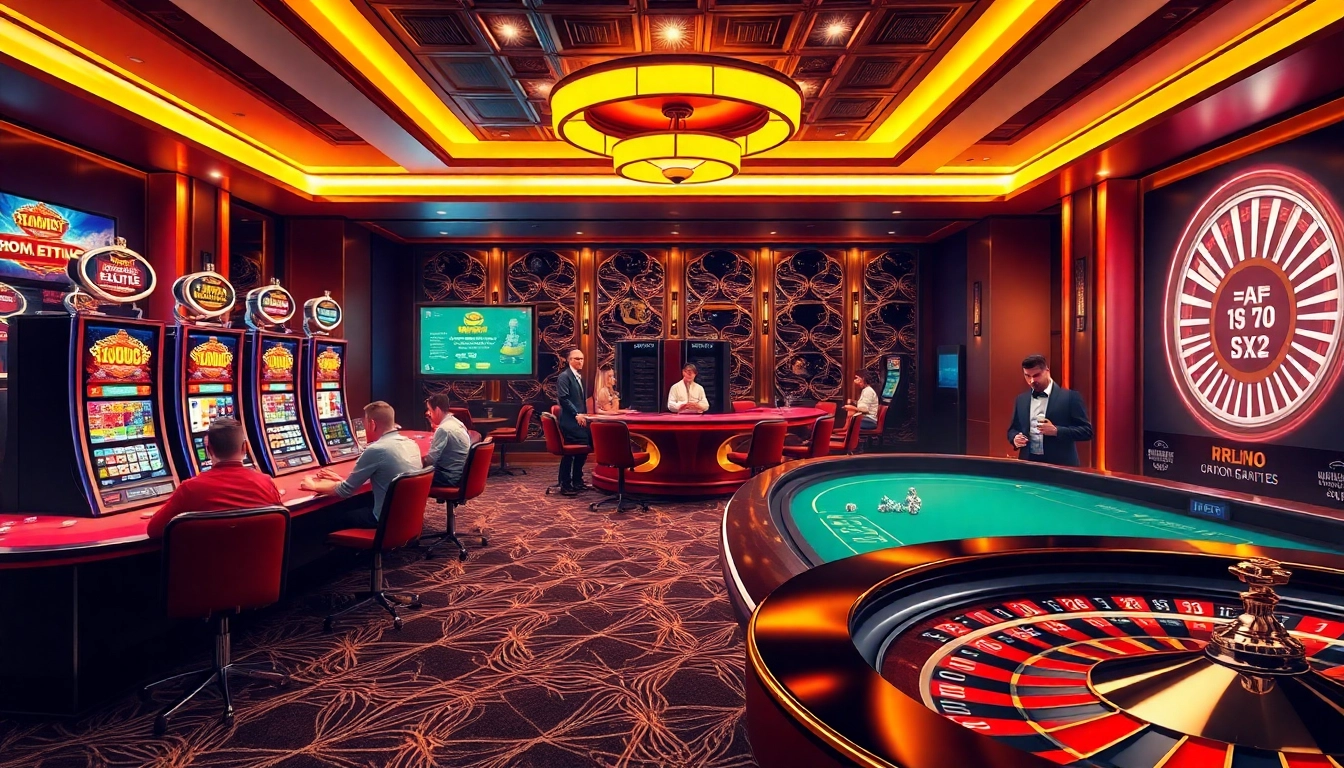 Action-packed scene of online gambling at https://rr88.autos/ with players at poker tables and spinning slot machines.