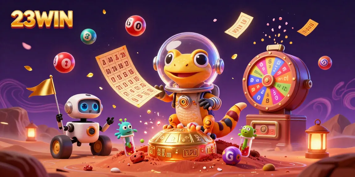 Experience the excitement of 23WIN with a Martian gecko discovering a golden casino in an action-packed scene.