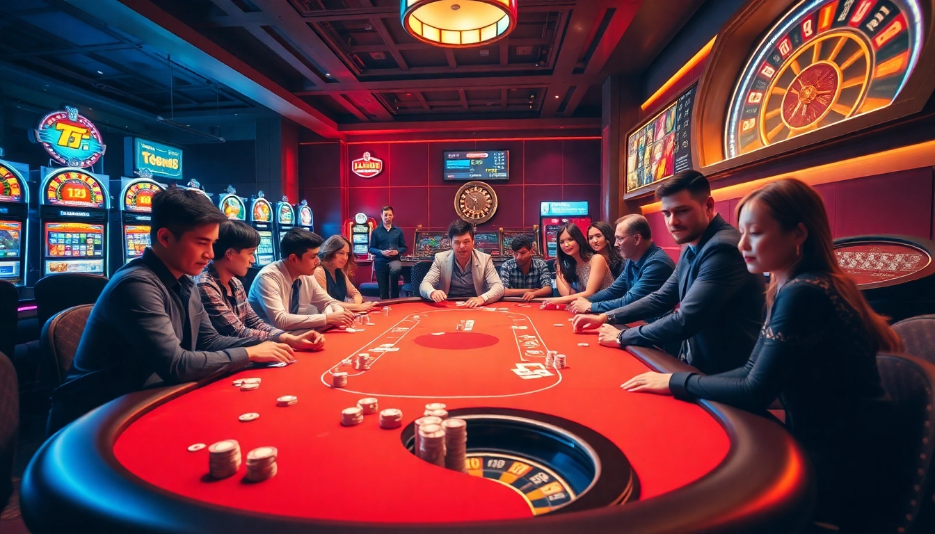 TG88 players enjoying a high-stakes poker game amidst colorful slot machines and a spinning roulette wheel.