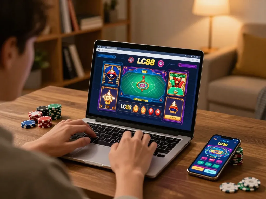 Engaged player focusing on LC88 casino game interface on laptop in cozy gaming setup.