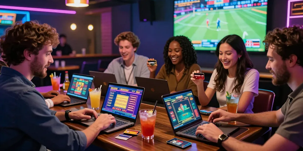 Credit card casinos scene at GDSAP with players enjoying games on devices, vibrant atmosphere and neon lights.