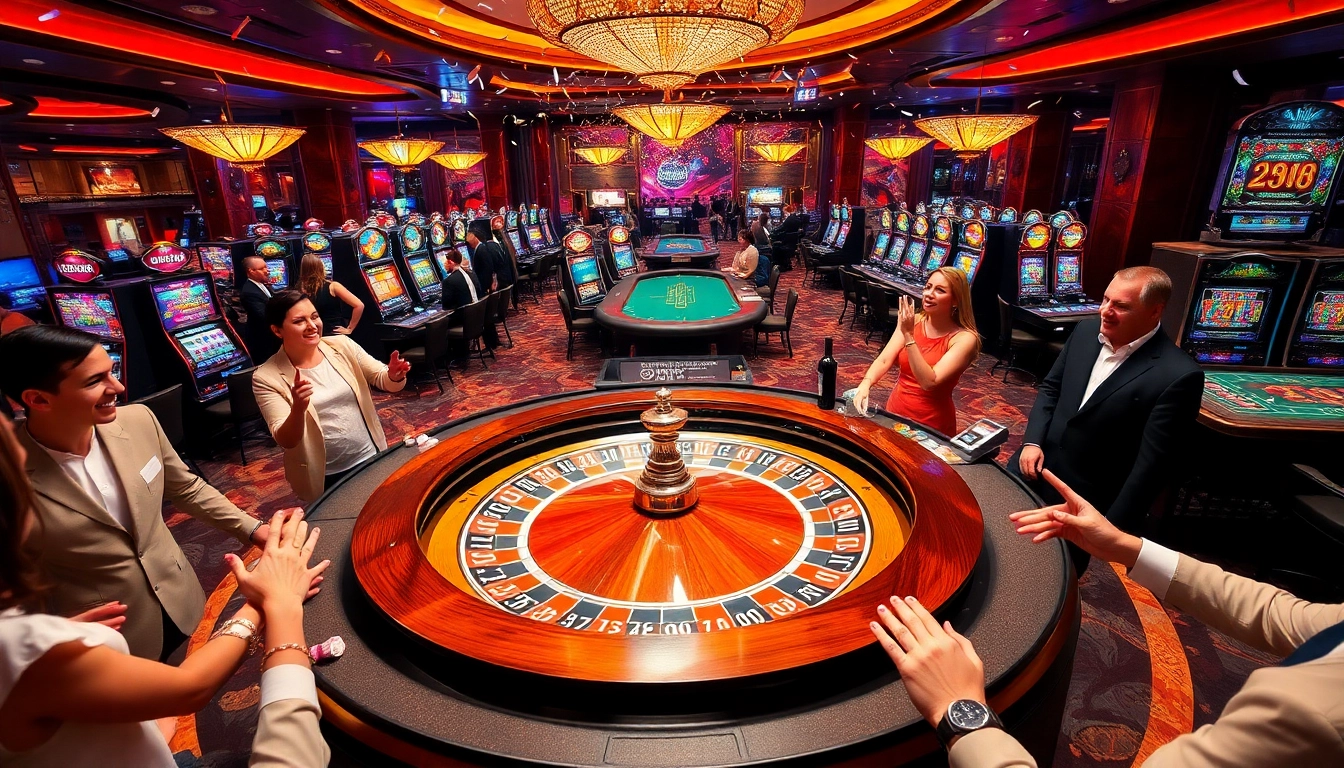 Engaged players enjoying games at OPEN88 casino, with vibrant roulette and slot machines.
