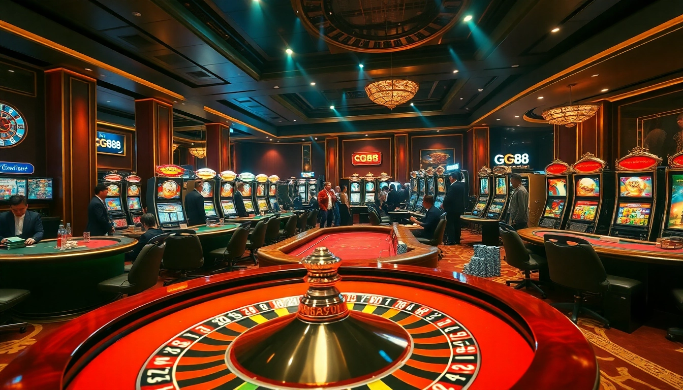 GG88 players enjoying an exciting game at an upscale casino with vibrant slot machines and poker tables.