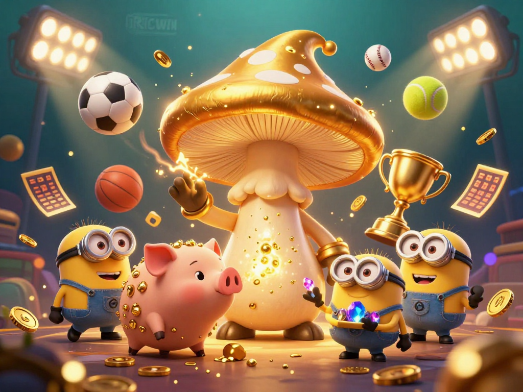 Experience RICWIN's magical treasure hunt with golden mushrooms and sports action in this vibrant scene.
