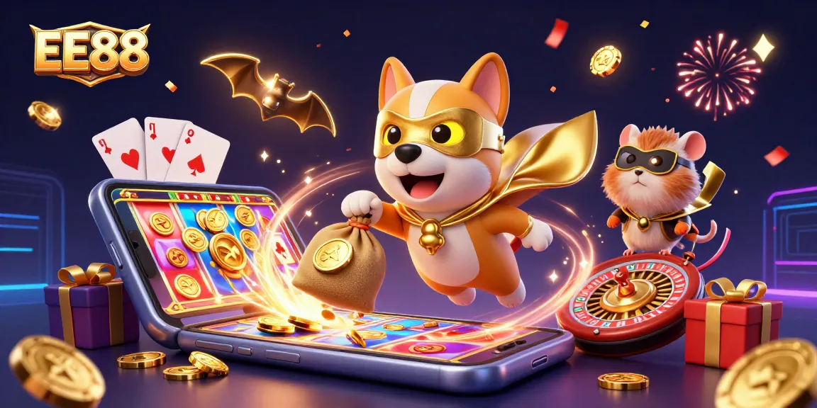 Bet big with EE88, a superhero dog and hamster on a thrilling casino adventure, collecting gold and excitement.