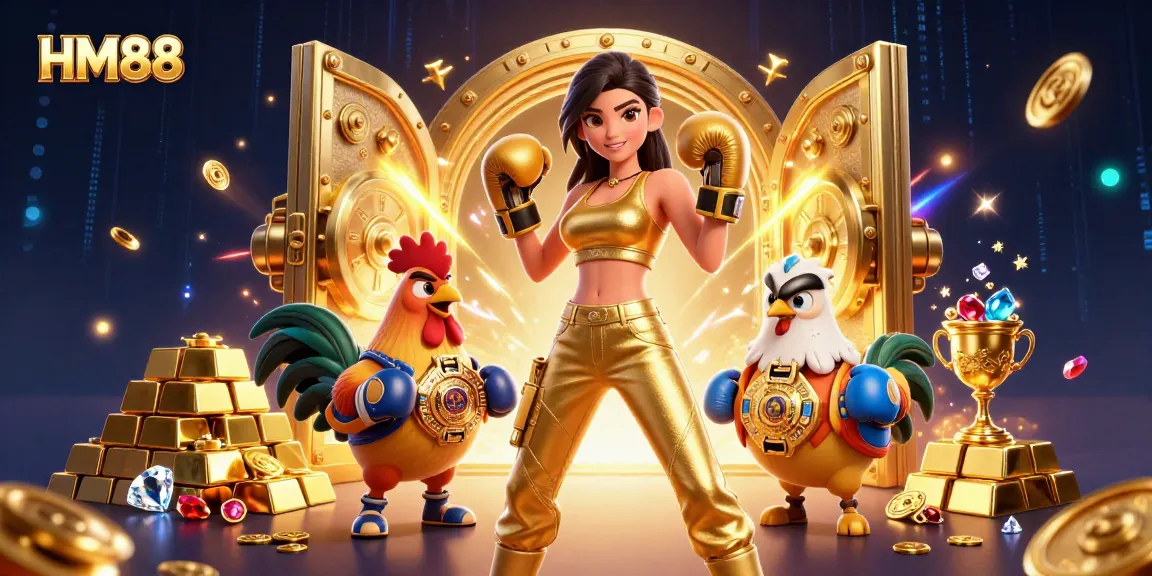 Experience thrilling gameplay with HM88, showcasing a female fighter and championship rooster amidst riches and casino elements.