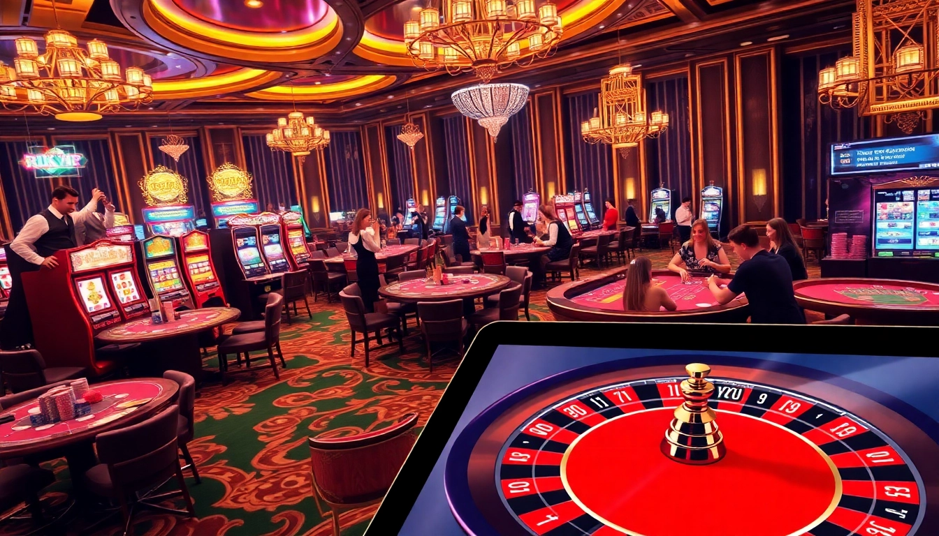 Engage with exciting games at rikvip casino featuring vibrant slot machines and poker players.