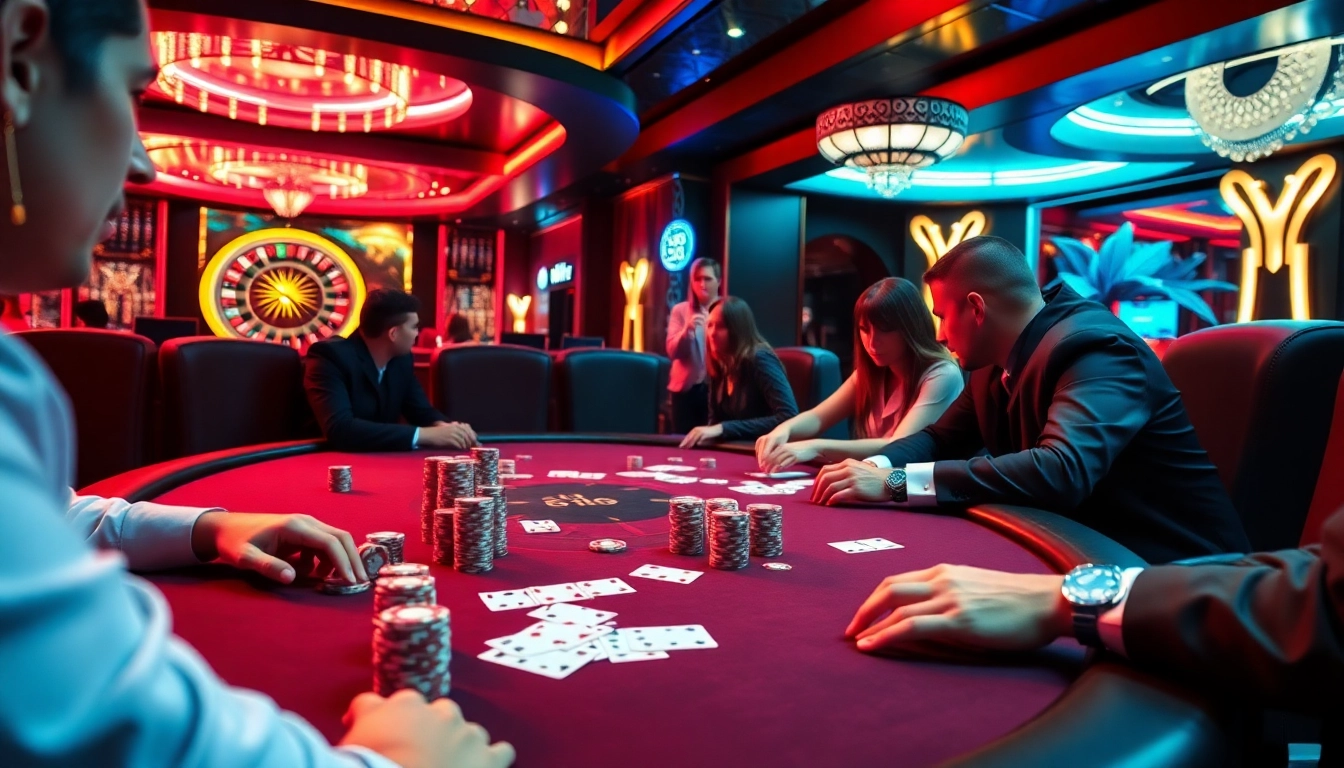Excited players at a poker table with OPEN88 chips and cards in a luxurious casino.