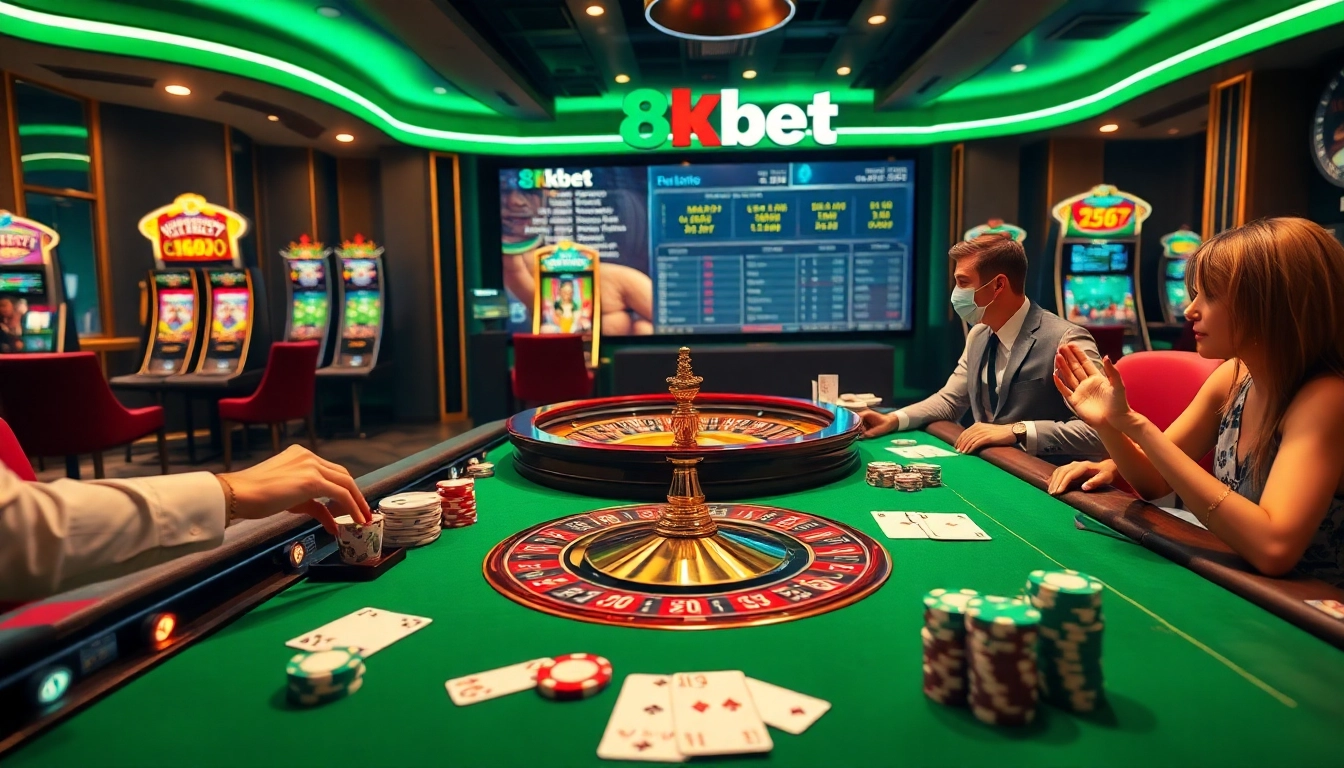 Players enjoying a thrilling game at 8kbet casino table with vibrant poker chips and roulette wheel.