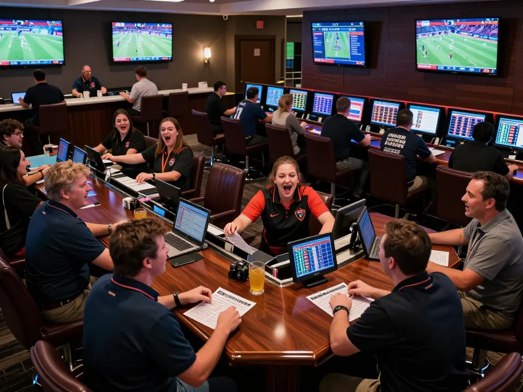 Engaged bettors at the hit club sports betting lounge placing wagers on live events.
