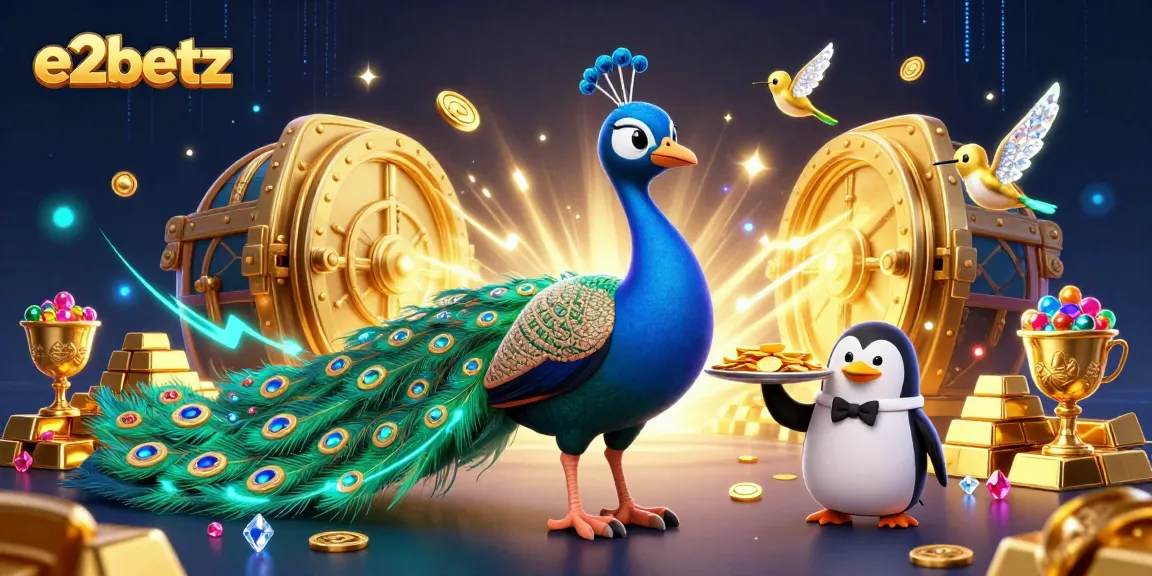 e2betz adventure awaits with a vibrant 3D scene of a peacock, penguin, and hummingbird amidst treasures
