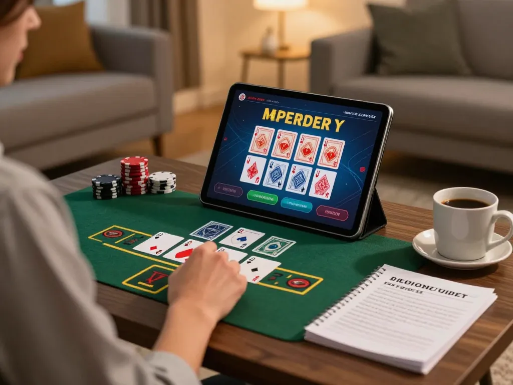 Engaging in a live blackjack game with man88 on a tablet at home, promoting responsible gambling.