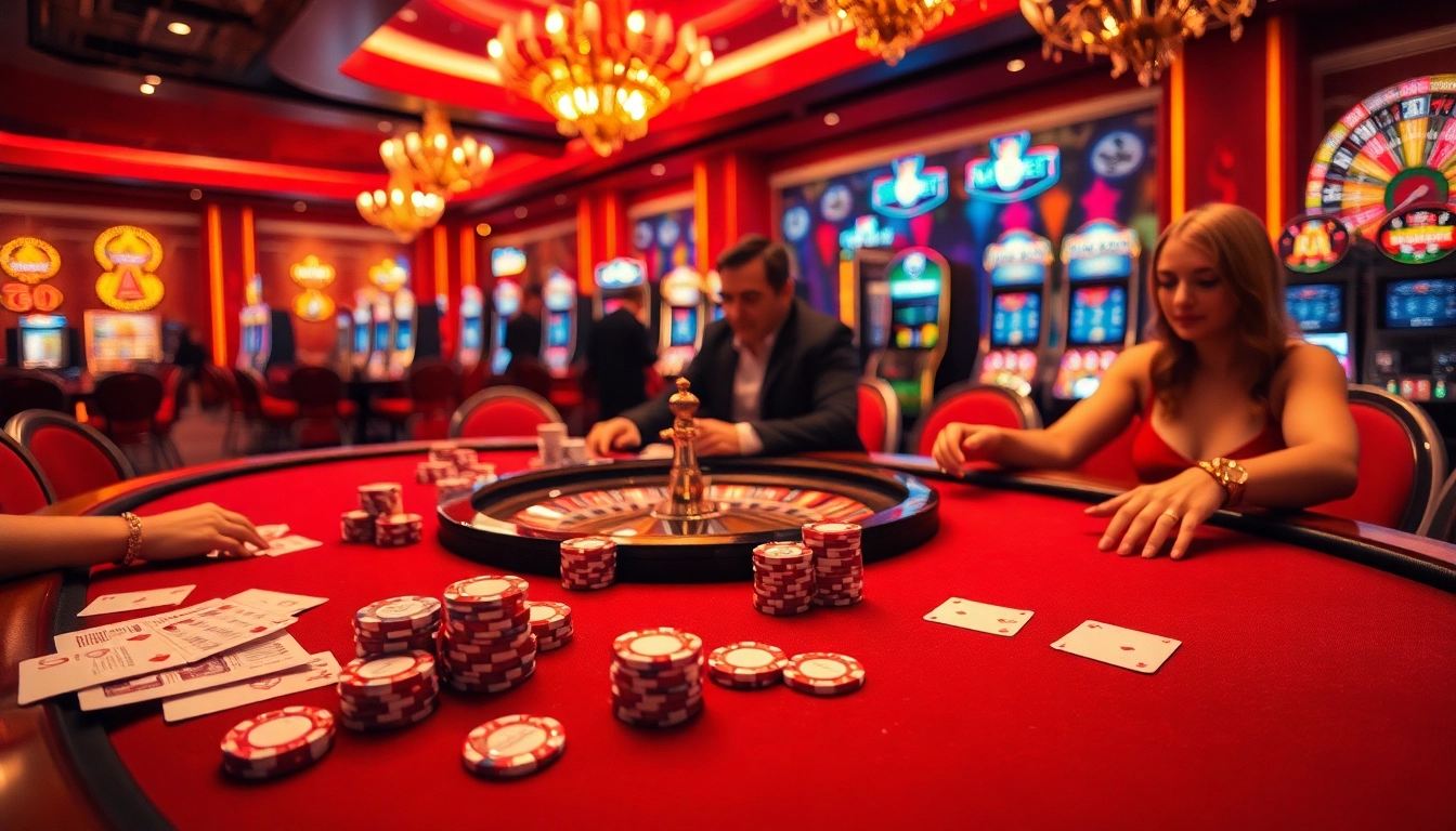 Mubet casino scene showcasing an exciting poker game with vibrant chips and elegant lighting.