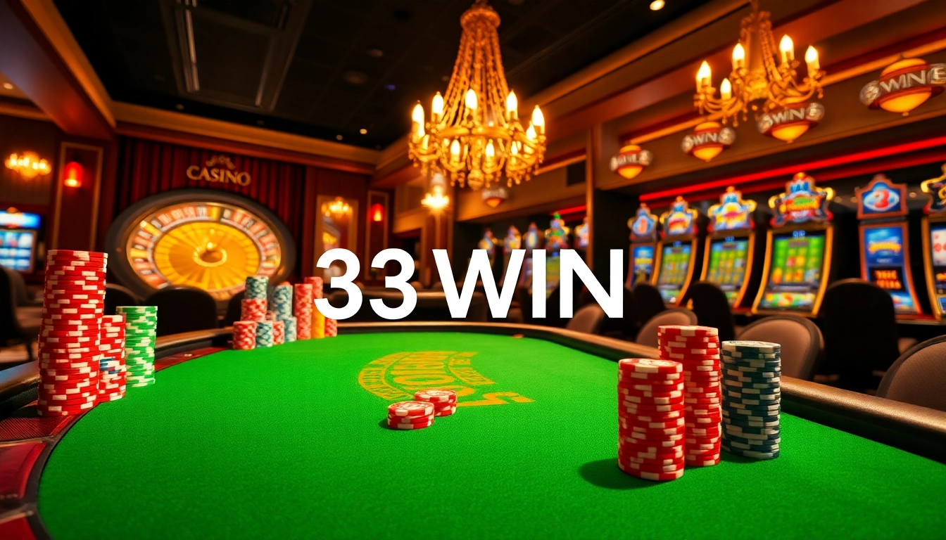 Experience the excitement of 33WIN at an elegant poker table, complete with colorful casino chips and vibrant roulette.