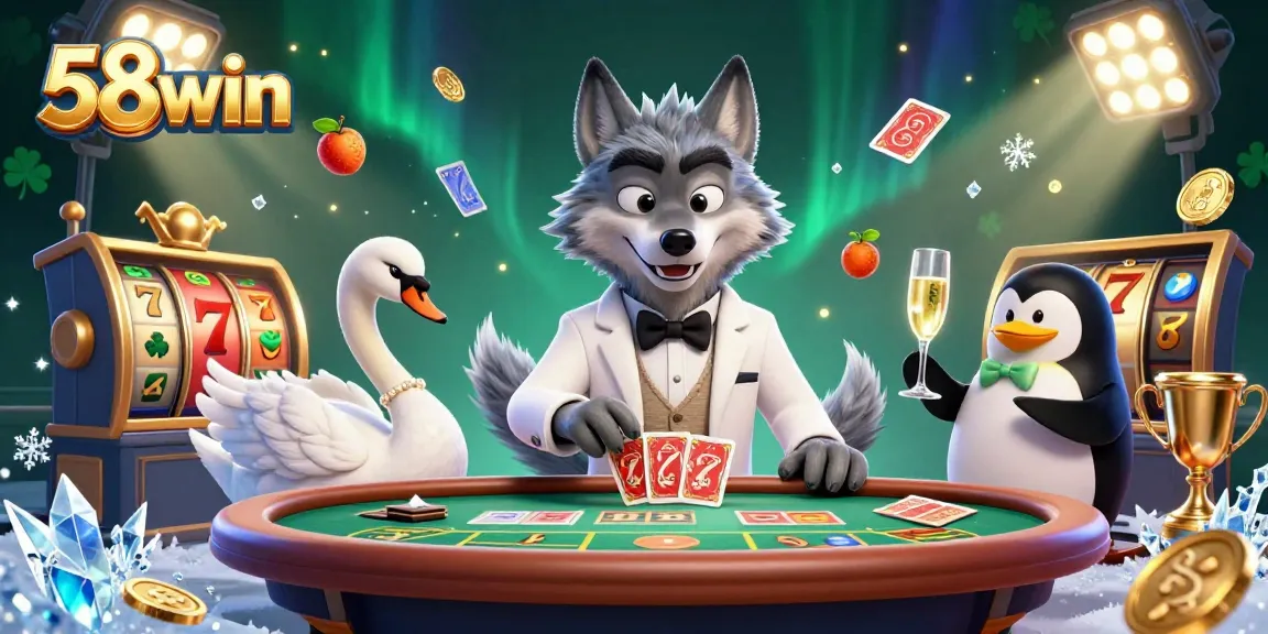 Experience exciting gameplay at 58win with a debonair wolf, elegant swan, and sophisticated penguin in a casino setting.