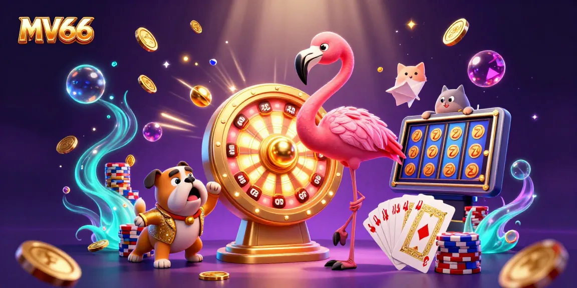 Experience the excitement of MV66 with a vibrant 3D casino illustration featuring games and prizes.