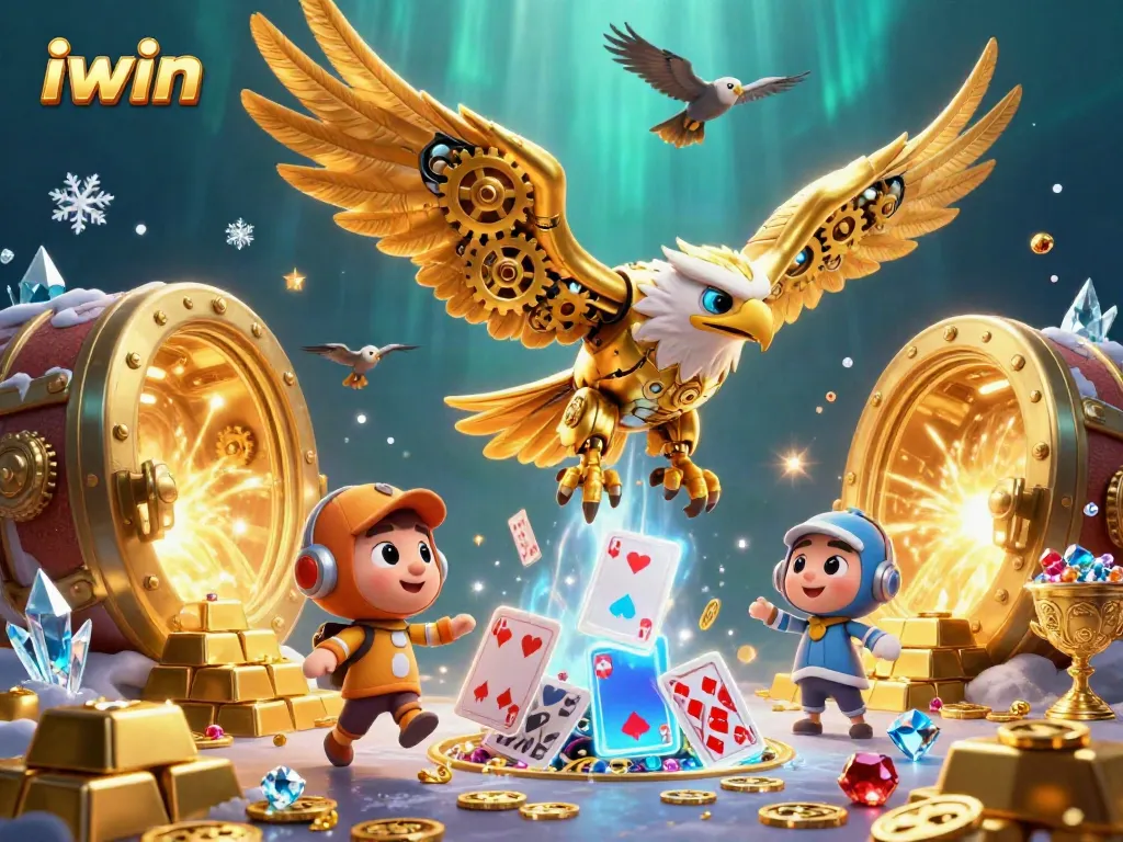 Engage with iwin's thrilling gaming experience featuring a cybernetic eagle amidst vibrant casino visuals.