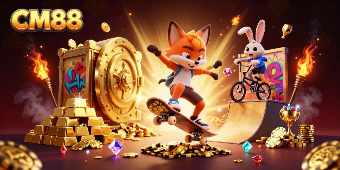 Experience thrilling casino action with CM88 as a fox kicks flips over golden poker chips.
