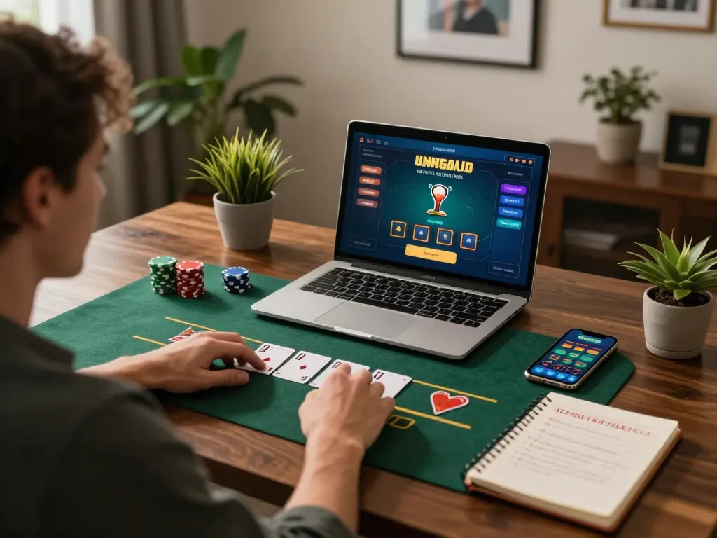 Nohu90s player engaging in blackjack strategy on a sleek laptop during a cozy home gaming session.