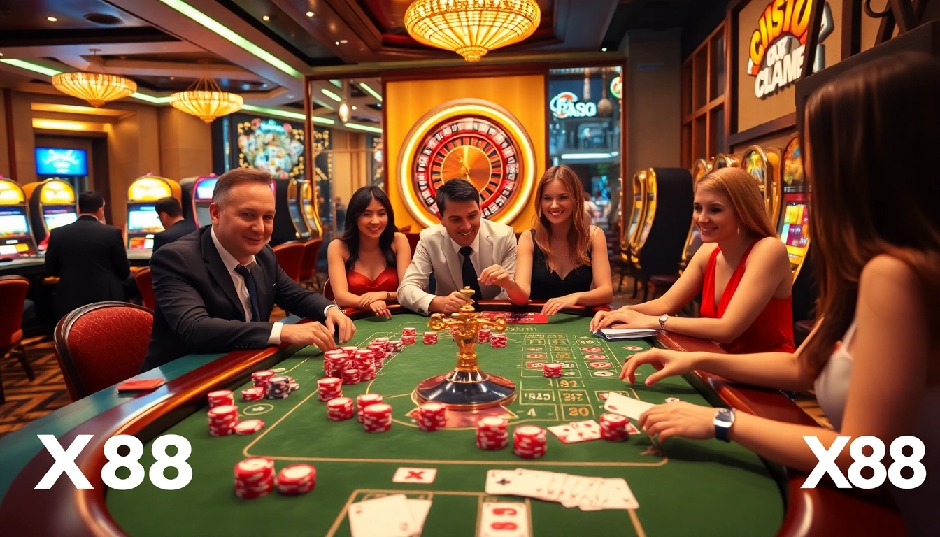 X88 enthusiasts enjoy an engaging casino experience at a vibrant gaming table.