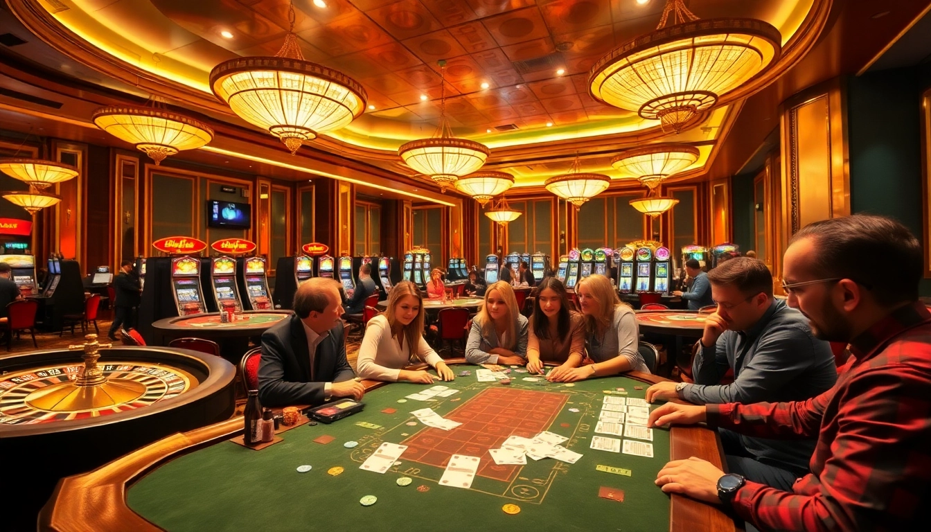 Players enjoying a thrilling game at hitclub casino tables, surrounded by vibrant slots and roulette.