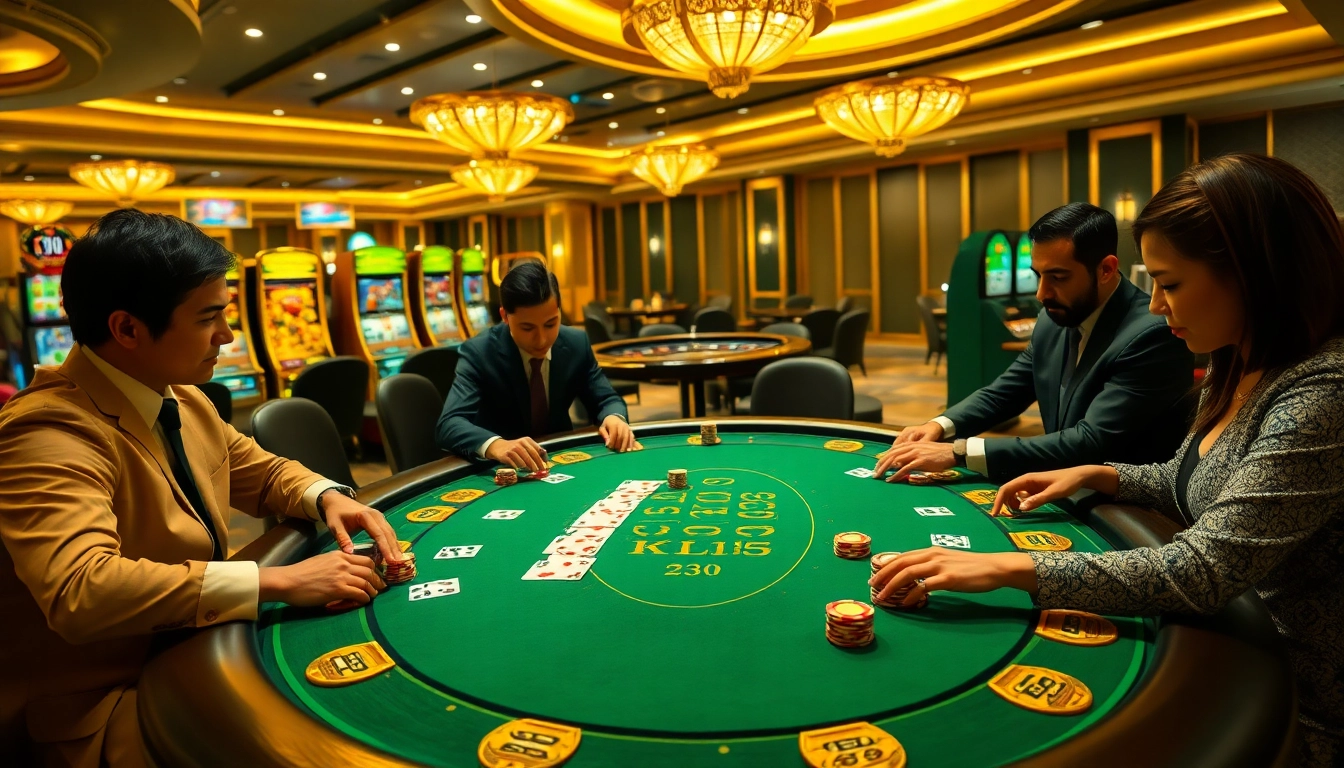 KJC promotes thrilling casino experiences with players at a luxury poker table and exciting slot machines.