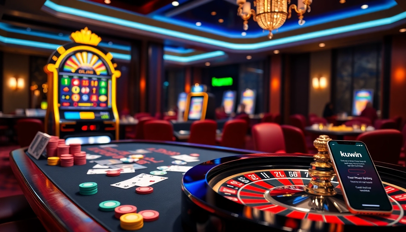 Kuwin platform featuring an elegant casino scene with a roulette wheel and vibrant chips.